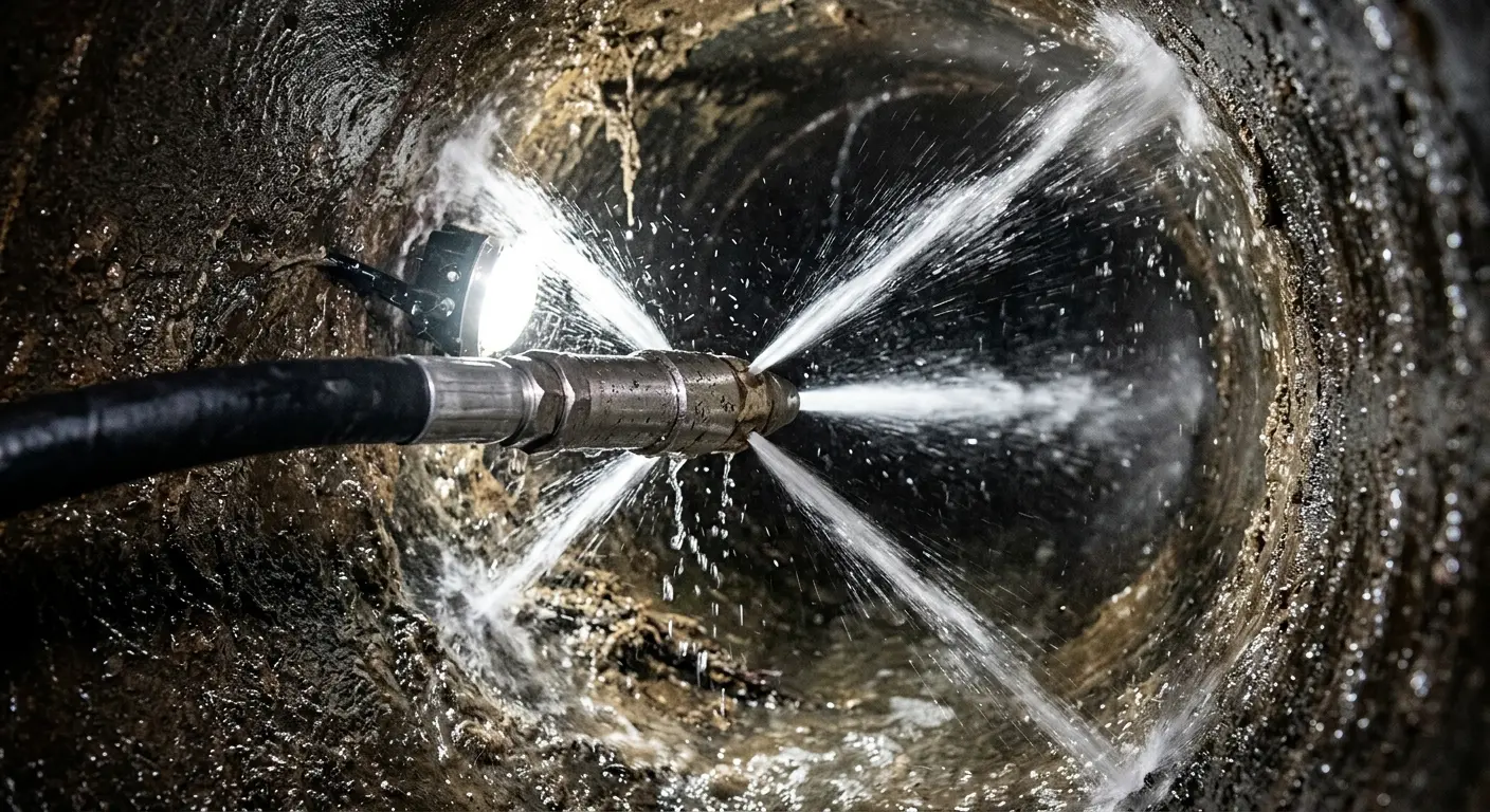 High-pressure hydro jetting nozzle cleaning sewer pipe for Storm Drain Cleaning in Dobbs Ferry
