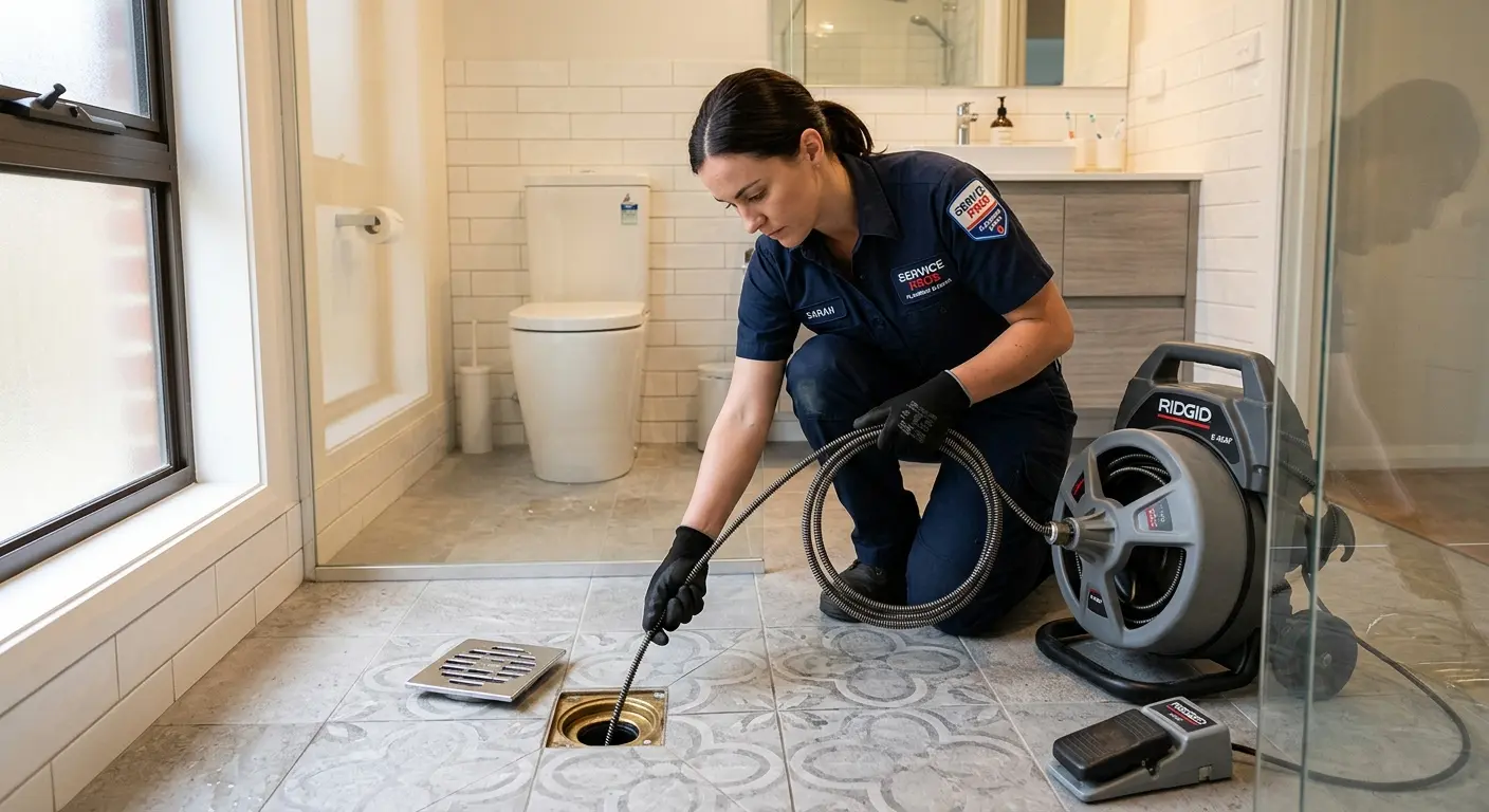 Technician clearing a bathroom floor drain for Clogged Drain Repair in Dobbs Ferry